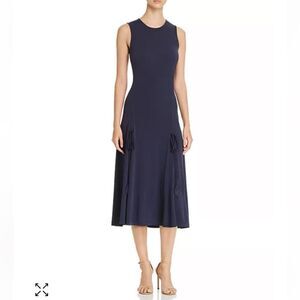 Tory Burch L Shannon Navy Vertical Drawstring Sleeveless High Low Midi Dress